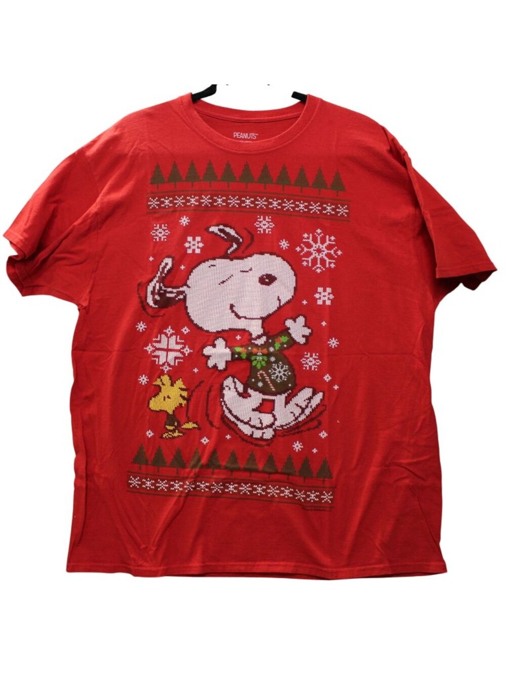 Peanuts Snoopy Woodstock Ugly Christmas Sweater Faux Stitch Graphic Tee XL Red